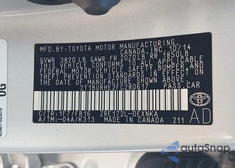 2015 Toyota Corolla Le from USA, damaged, VIN 2T1BURHE2FC280617